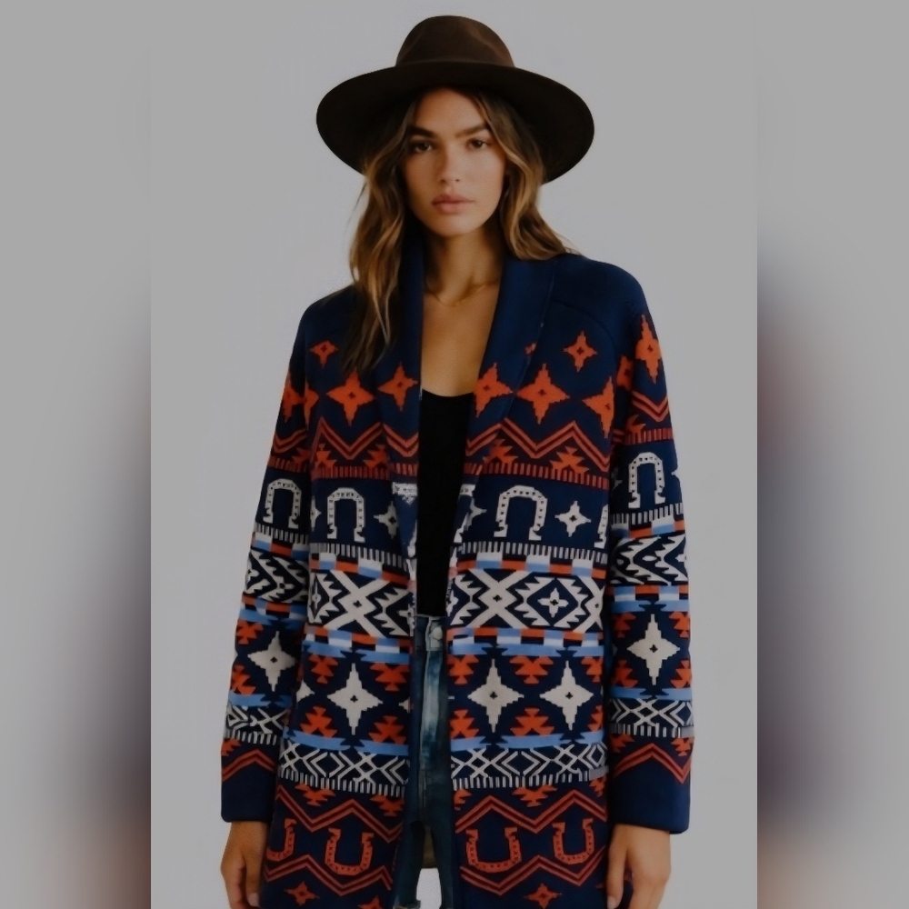 Navy and Orange Patterned  Western Women's Sweater